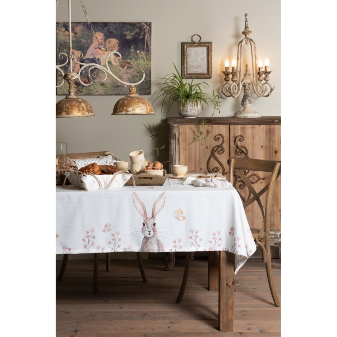 White Brown Cotton Rabbit Round Tablecloth Ø 170 cm