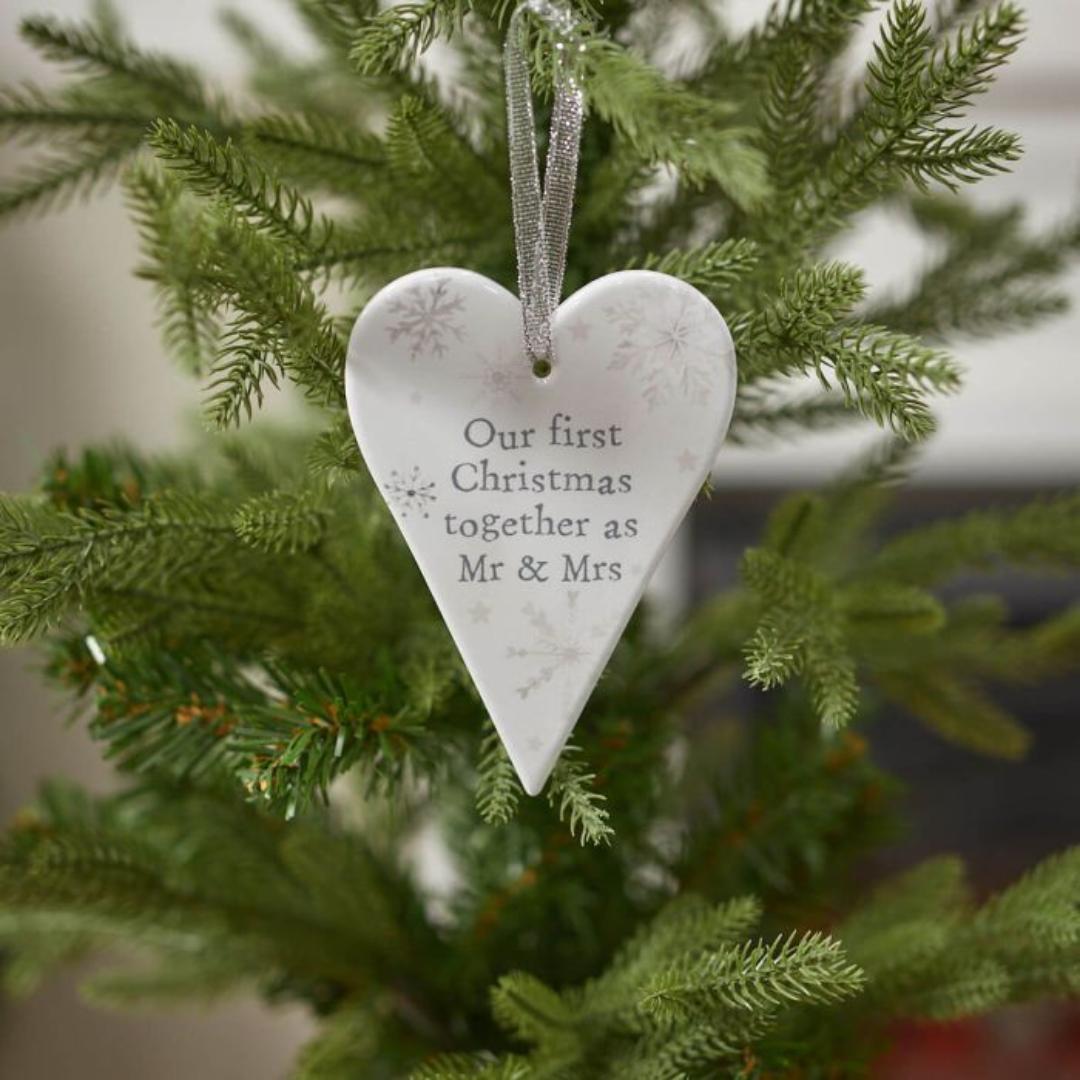 Mr & Mrs 1st Xmas Heart Hanger White Ceramic With Snowflakes