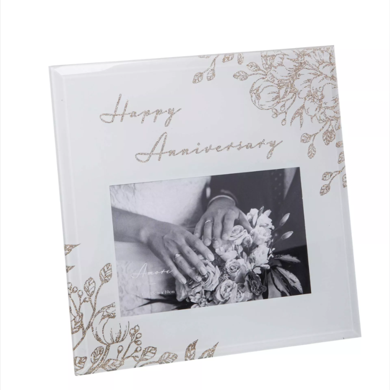 Happy Anniversary White Glass Gold Floral Frame 6'' x 4''