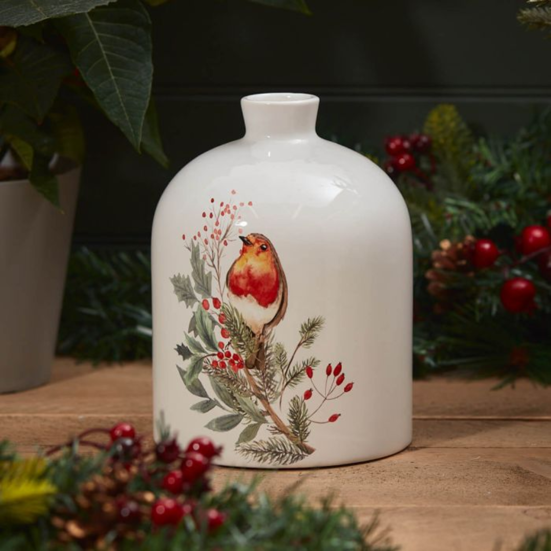 Christmas Robin Vase White Ceramic With Berry Foliage