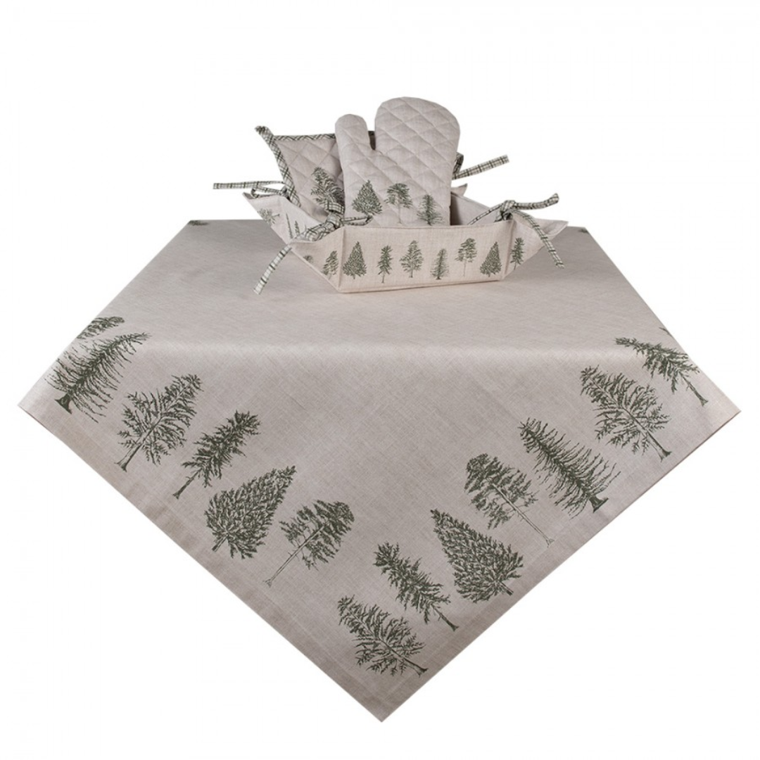 Tablecloth 150x250 cm Beige Green Cotton Pine Trees Rectangle