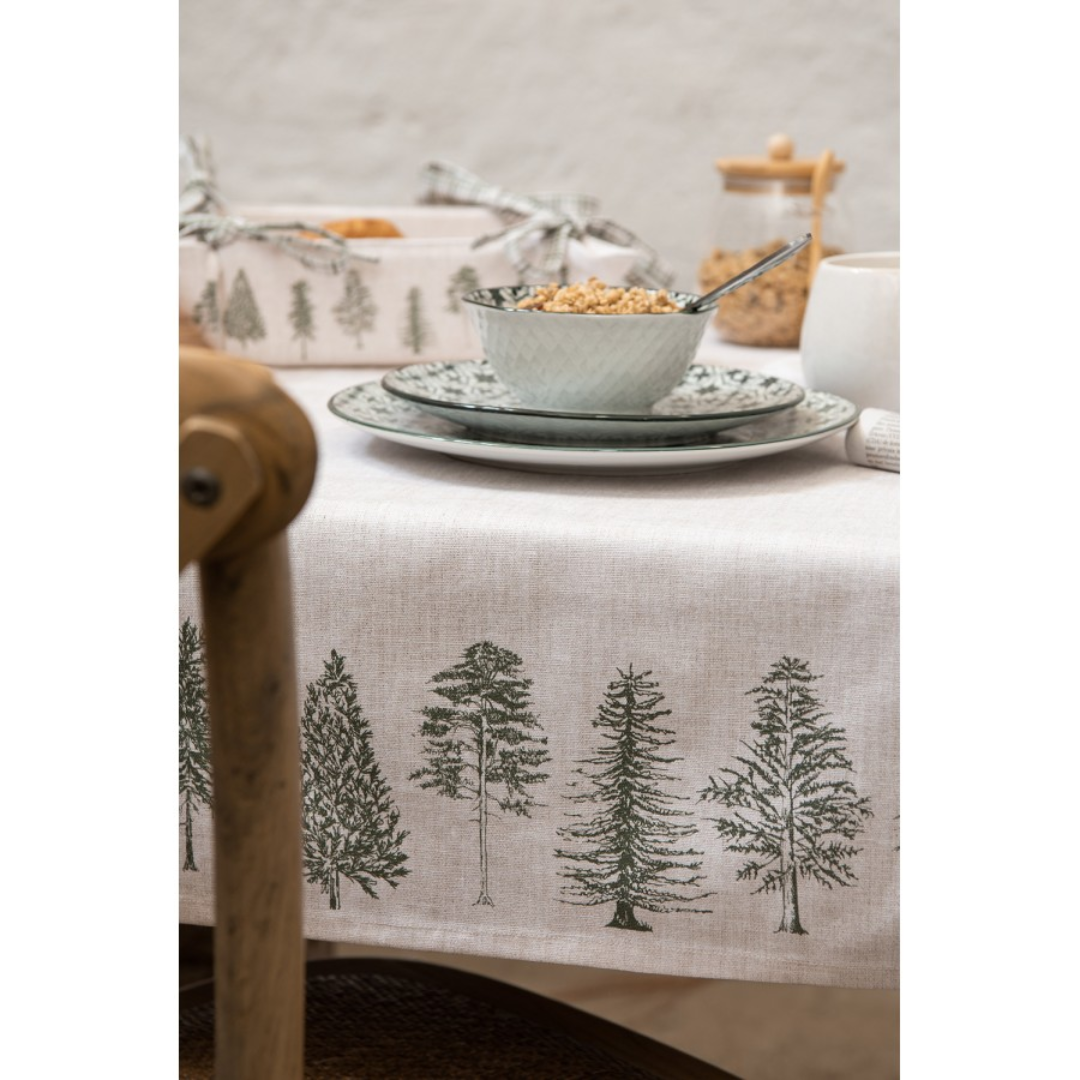 Tablecloth 150x250 cm Beige Green Cotton Pine Trees Rectangle