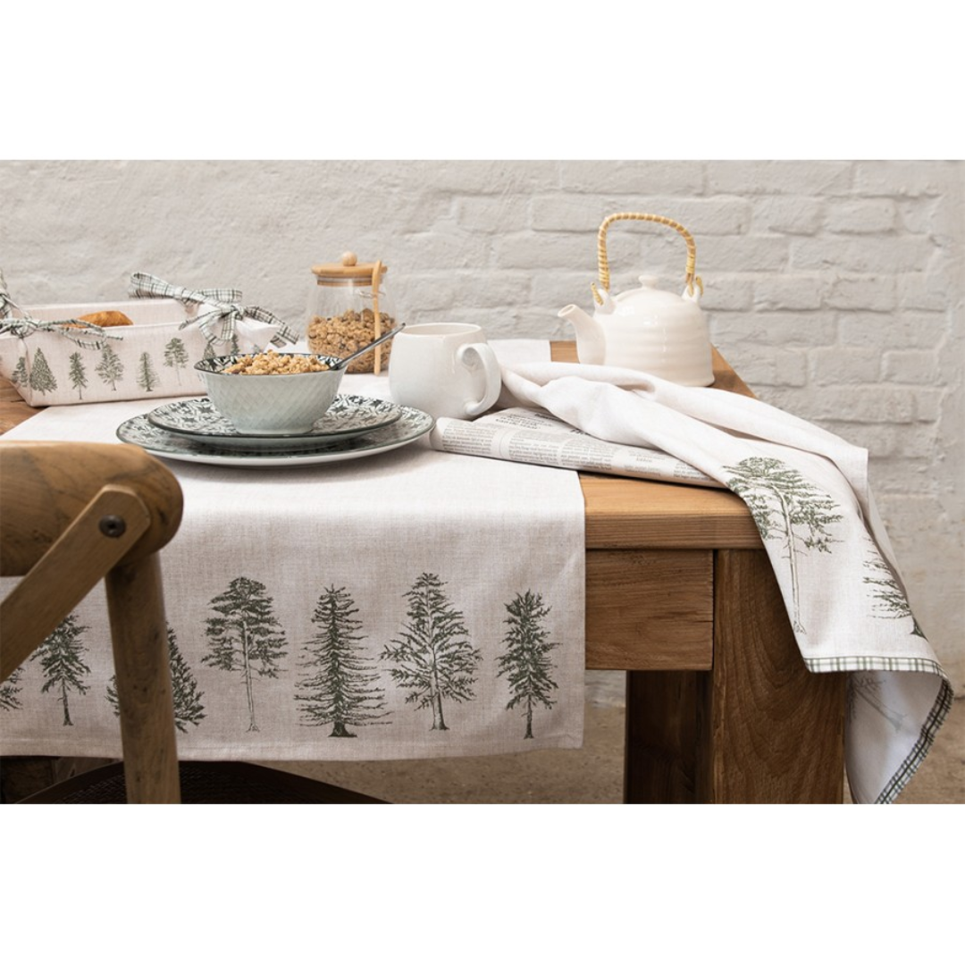 Tablecloth 150x250 cm Beige Green Cotton Pine Trees Rectangle