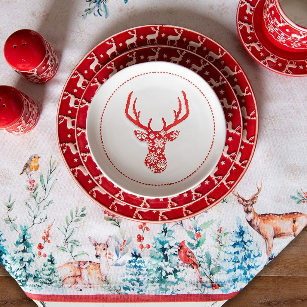 White Red Cotton Deer Rectangle Tablecloth 150x250 cm