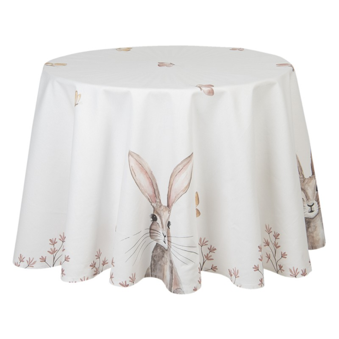 White Brown Cotton Rabbit Round Tablecloth  Ø 170 cm