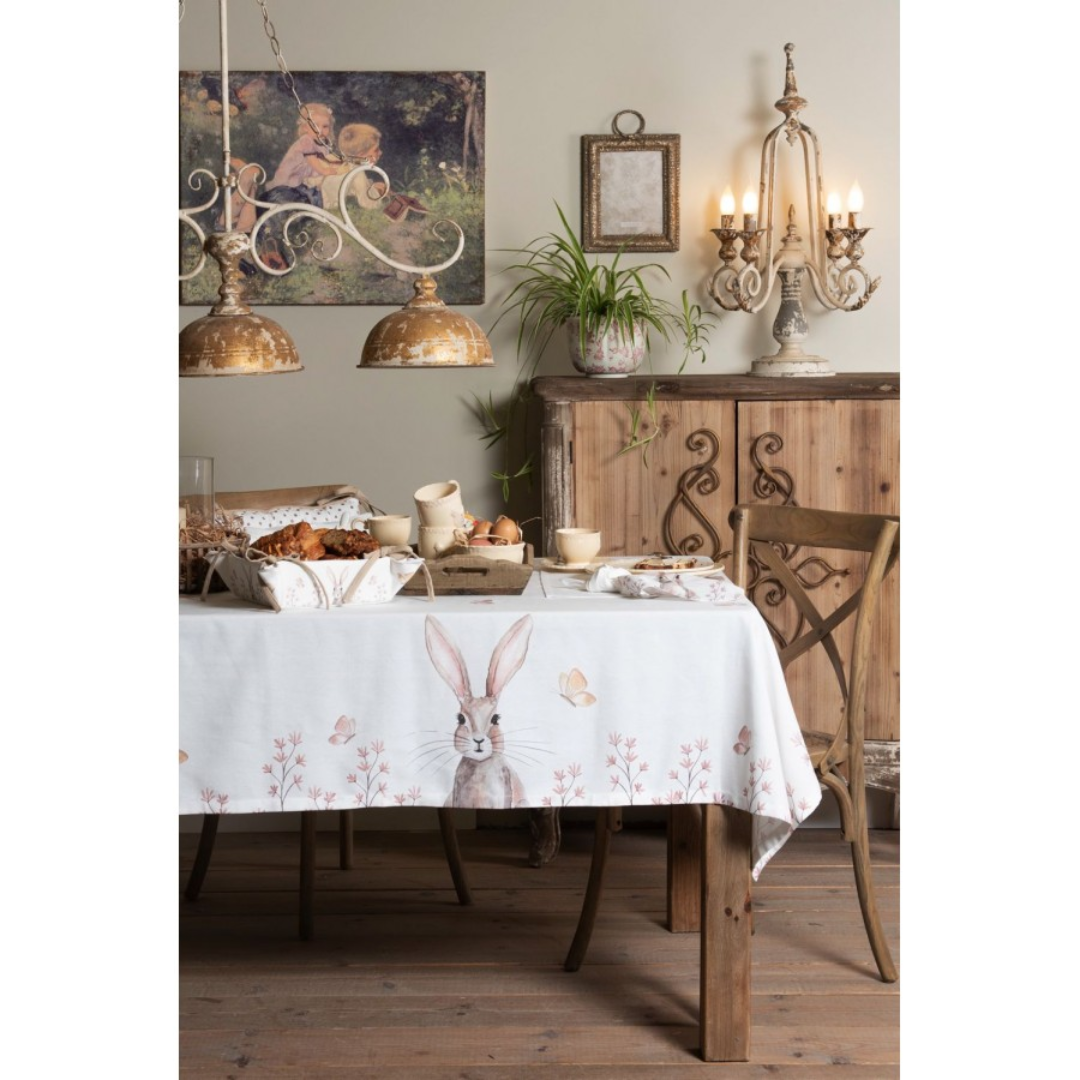 White Brown Cotton Rabbit Round Tablecloth  Ø 170 cm