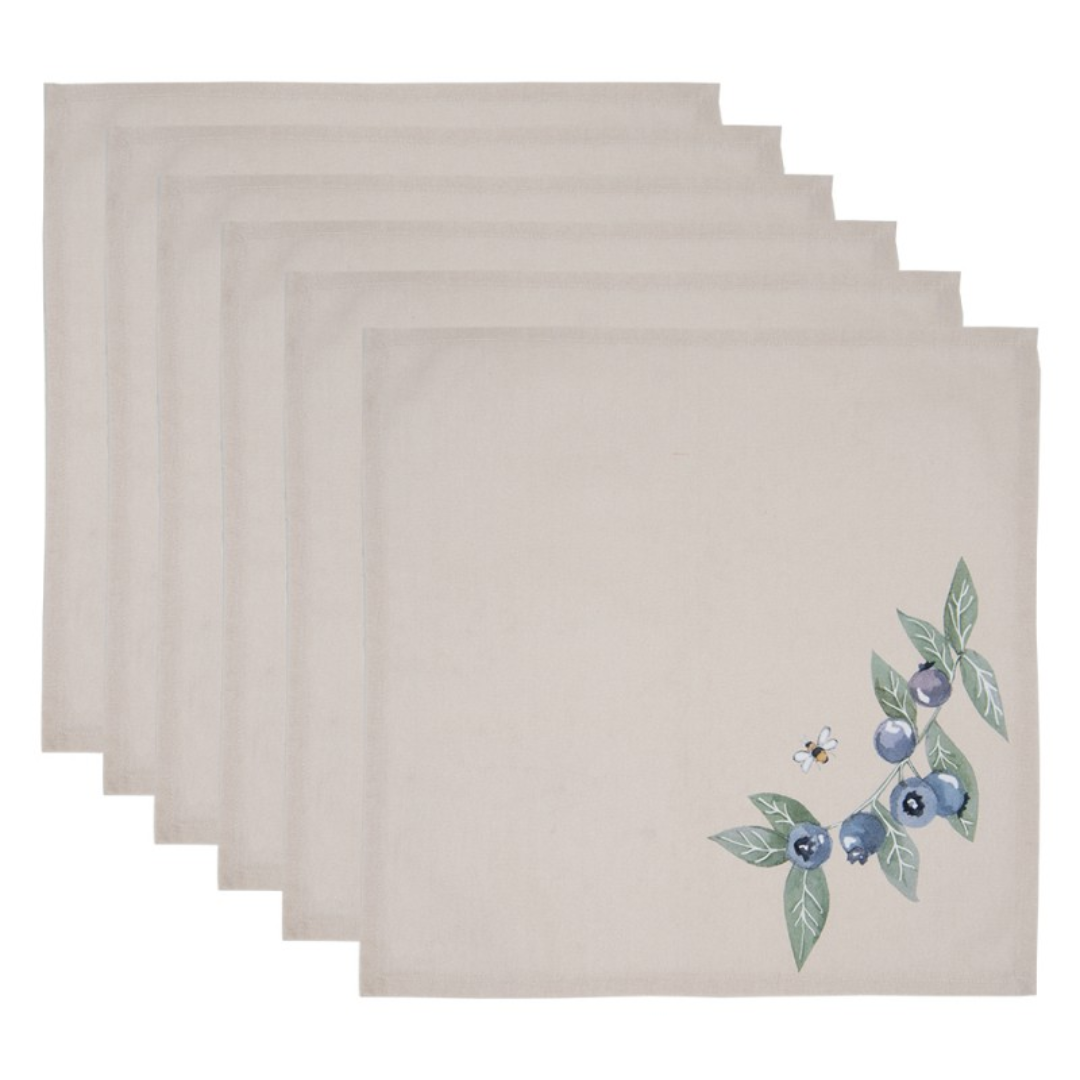 Napkins Cotton Set of 6 40x40 cm Beige Blue Cotton Blueberries