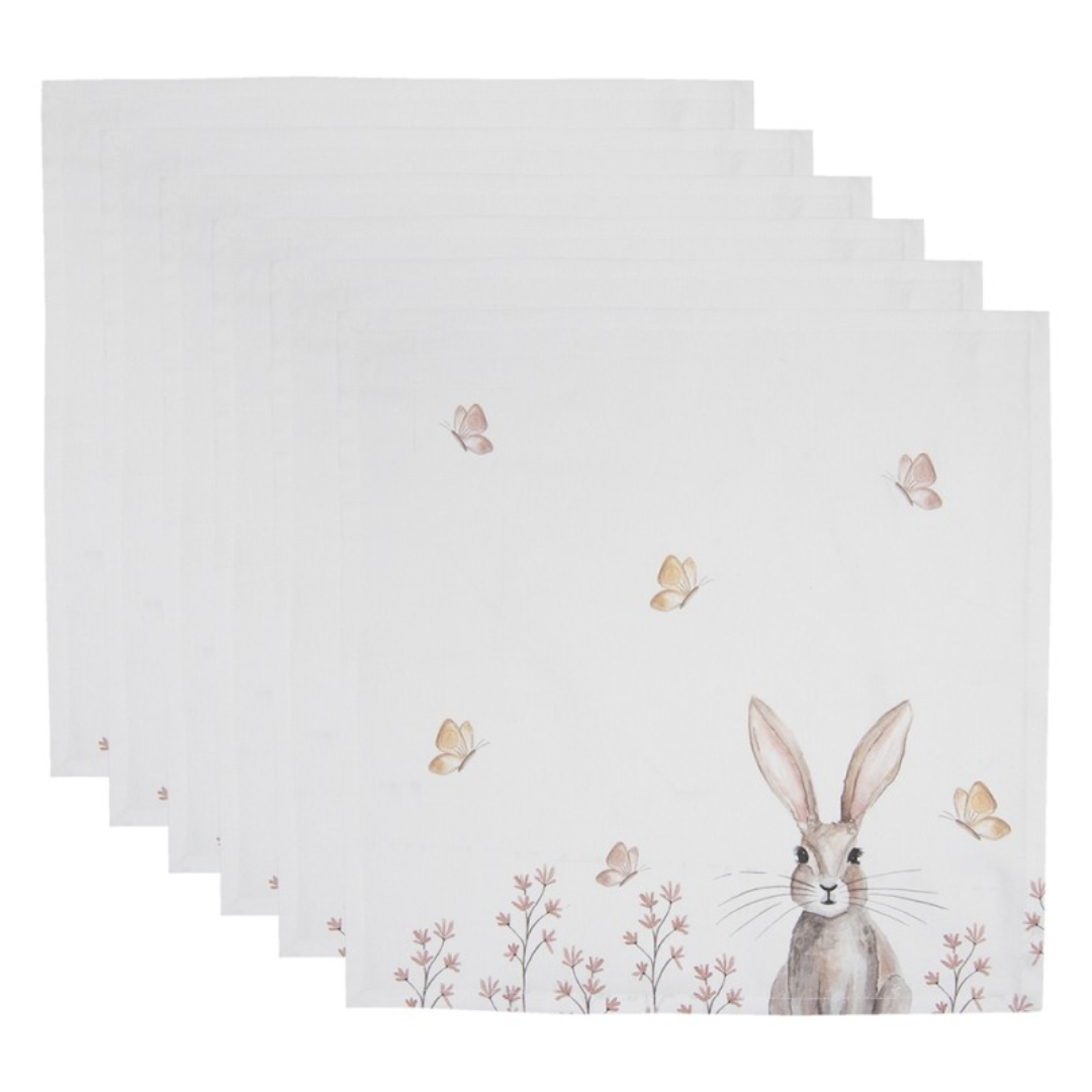 Napkins Cotton Set of 6 40x40 cm White Brown Cotton Rabbit Square