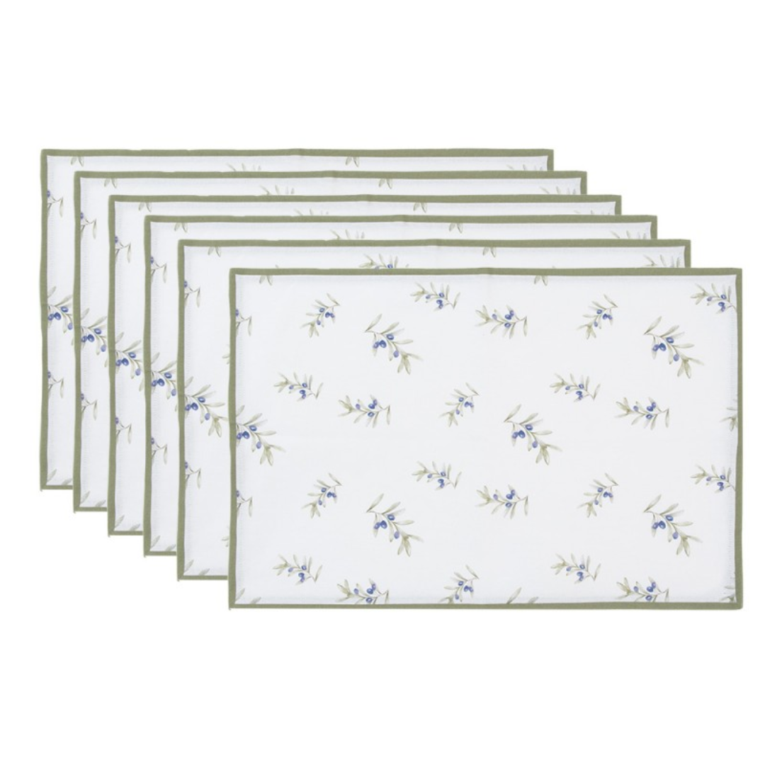 Placemats Set of 6 48x33 cm White Cotton Olives