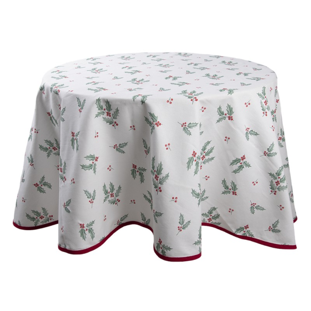 Tablecloth Ø 170 cm White Red Cotton Holly Leaves Round