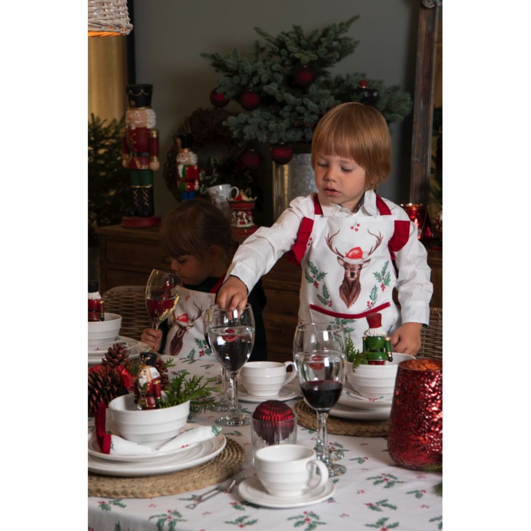 Tablecloth Ø 170 cm White Red Cotton Holly Leaves Round