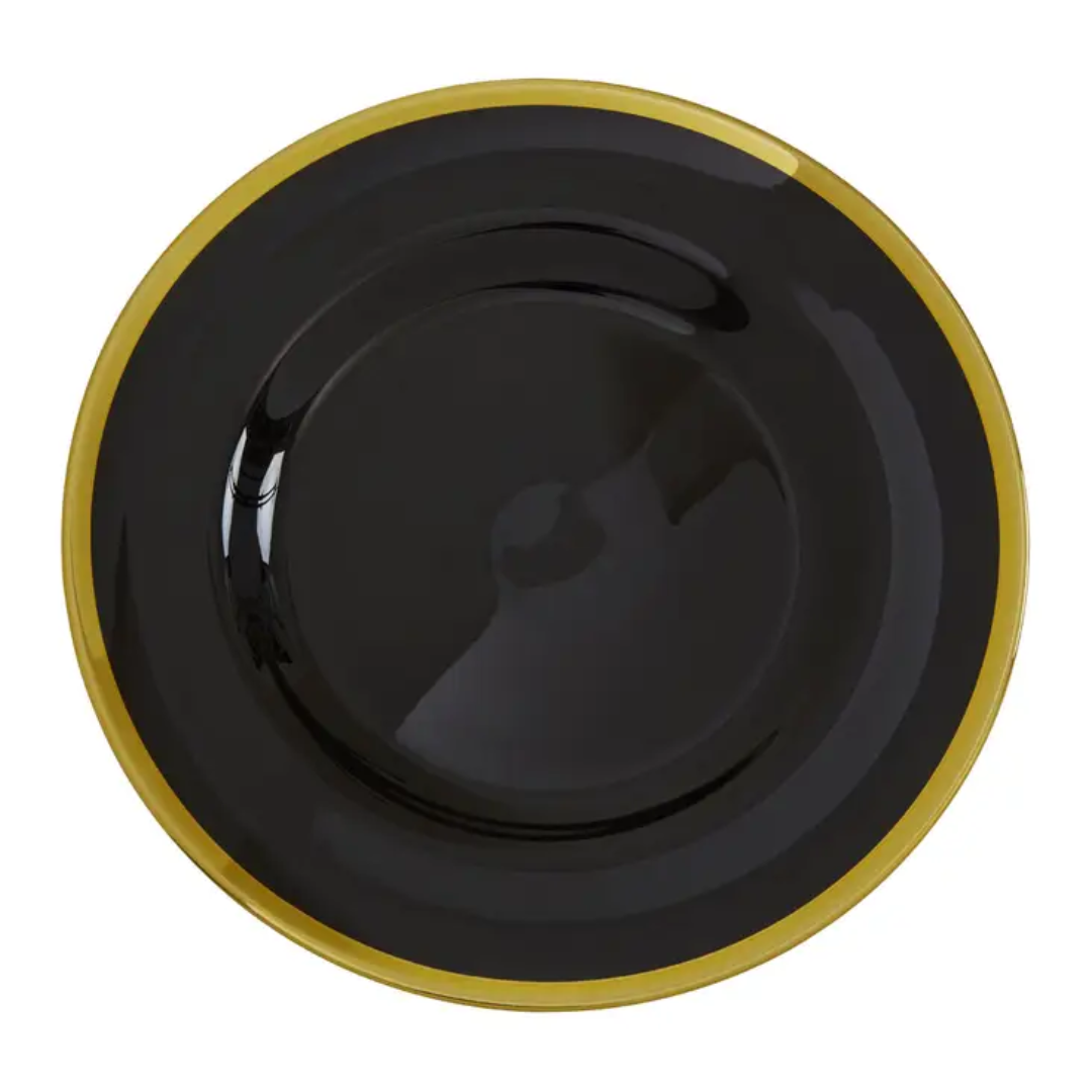 Lila Round Gold Band Black Glass Charger Plate