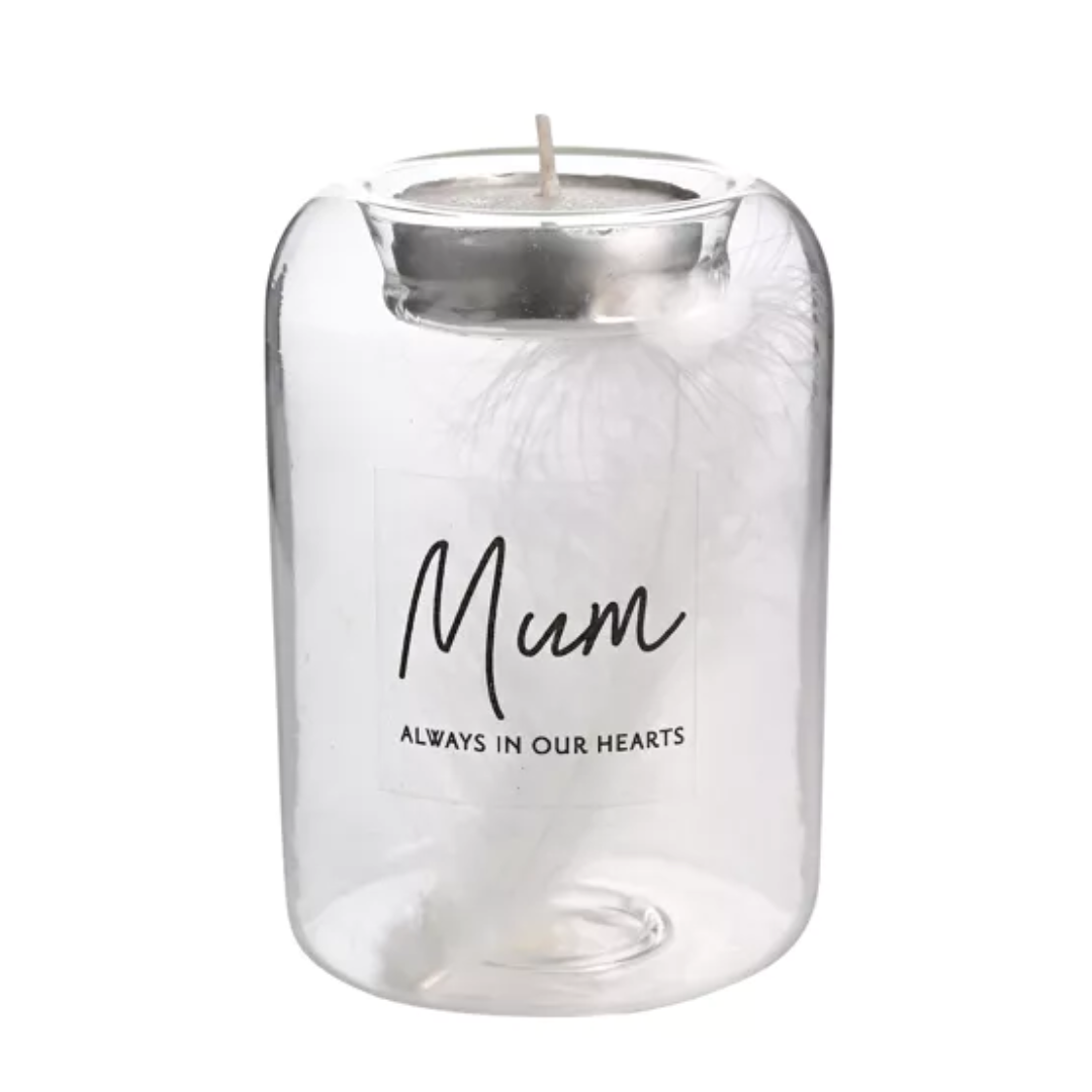 Thoughts of You Feather Glass Tea Light Holder - Mum