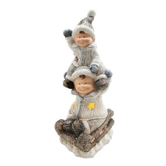 Boys On Sled Ornament W/ LED Lights On Timer