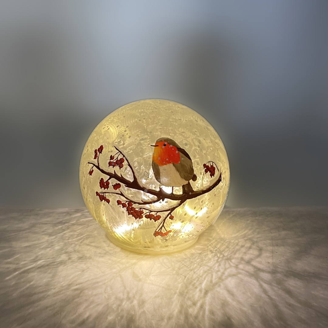 Robin Winter Scene in Frosted Globe with LED Lights