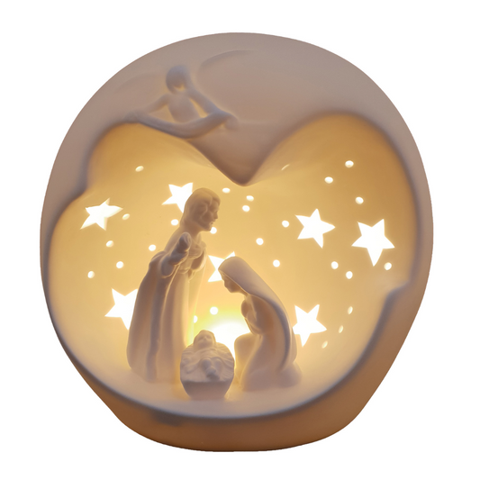 White Round Ceramic Nativity Scene W/ LED